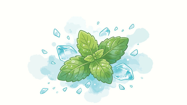 Fresh green mint leaves with ice cubes and water droplets, cool refreshing style
