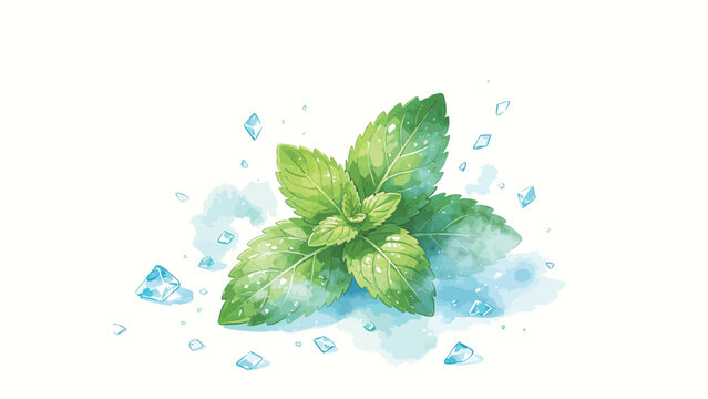 Vibrant Fresh Mint Leaves with Ice Cubes in Watercolor Art