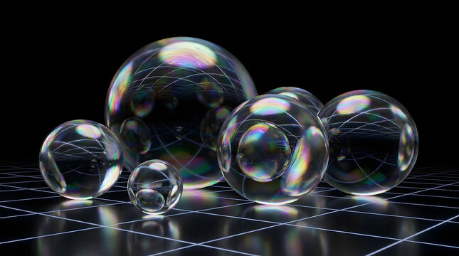 Abstract Spheres with Interconnected Lines: A collection of transparent, spherical objects of varying sizes, each containing intricate, intersecting lines.