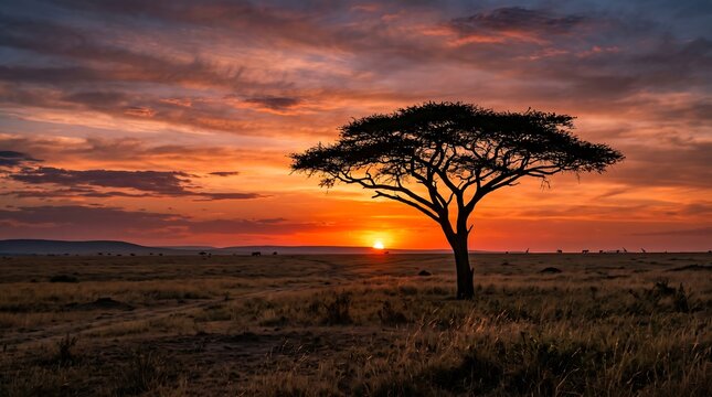 Lone Acacia Tree Silhouette Against A Dramatic Colorful Sunset Over The Vast African Savannah