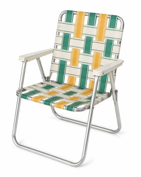 Folding camping chair with retro geometric pattern design. Portable outdoor seating for picnics, beaches, and festivals in vibrant colors