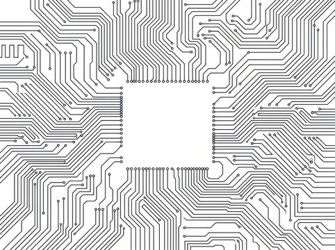 Black and white circuit board pattern with central empty space