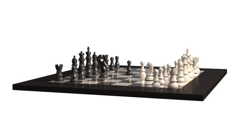 3D render of a glossy black and white chessboard set on a transparent white background, perfect for business strategy, intelligence, competition, tactical decisions, and leadership concepts. © igor.nayda