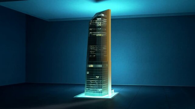 Modern Architectural Scale Model of a Glass Skyscraper Office Building Displayed in a Minimalist Studio Setting