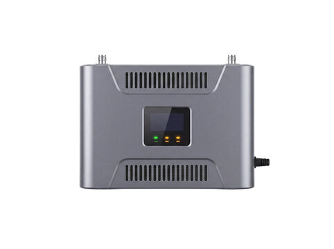 Gray cellular signal repeater with display screen and antennas on transparent background booster amplifier