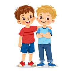 Two happy boys standing together with friendly arm around shoulders