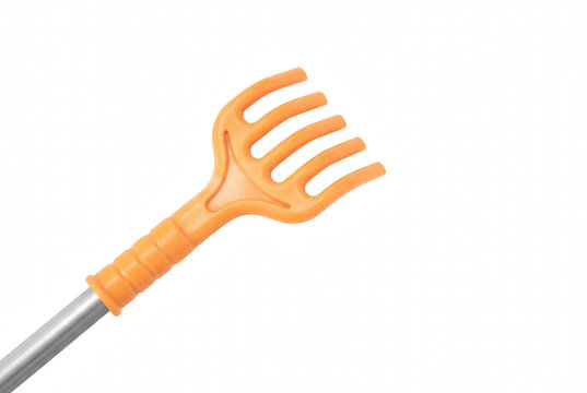 Orange hand shaped back scratcher on telescopic metal handle