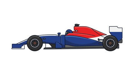 Fototapeta premium Flat design vector illustration of a professional Formula 1 racing car in profile view with blue, red, and white livery colors, featuring aerodynamic bodywork and black rubber tires.
