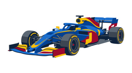 Fototapeta premium A modern flat design illustration of a professional Formula 1 race car with blue, yellow, and red aerodynamic bodywork and black tires isolated on a white background.