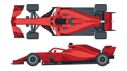 Fototapeta premium Red Formula 1 Racing Car Illustration featuring Top and Side Views in a Sleek Flat Design Style, Aerodynamic Open-Wheel Single-Seater Motorsports Vehicle Blueprint on a White Background