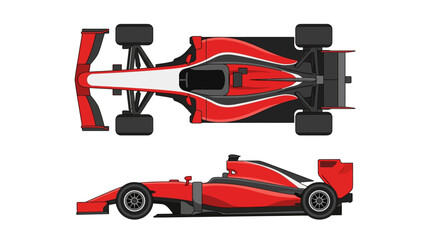 Fototapeta premium Red formula racing car vector illustration featuring top and side profile views. Minimalist flat design showing aerodynamic chassis, spoilers, and wheels isolated on white background.
