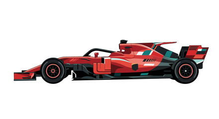 Fototapeta premium Flat design side profile illustration of a red formula racing car with aerodynamic wings, halo safety system, and performance tires isolated on a solid white background.