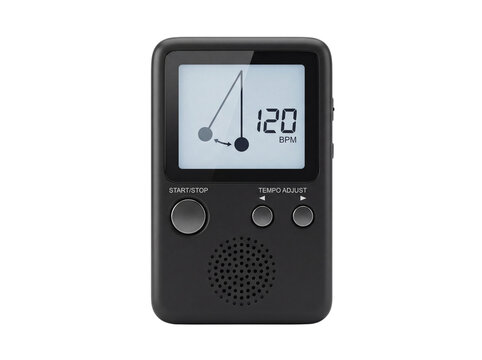 Electronic metronome with digital display and control buttons on transparent background tempo device beat