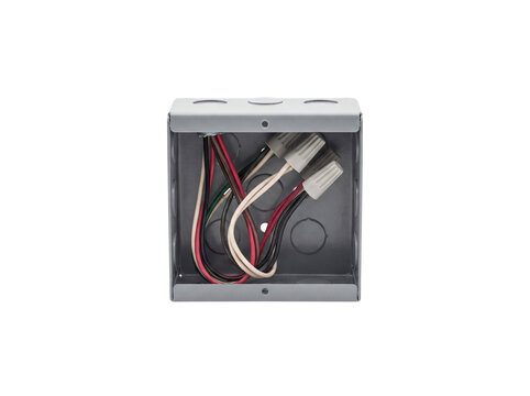 Electrical junction box with connected wires and wire connectors on transparent background wiring installation