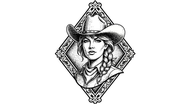 Cowgirl Portrait in Decorative Frame, Western Art, Black and White Illustration