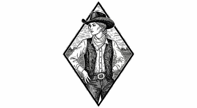Cowgirl Portrait in Diamond Frame - Vintage Western Illustration