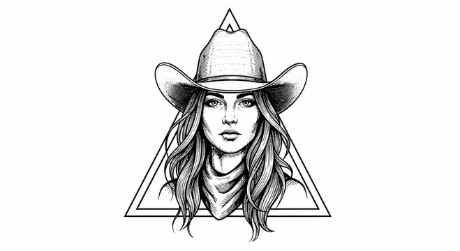 Cowgirl portrait in geometric triangle, sketch style