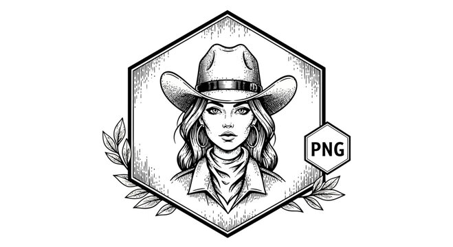 Cowgirl Portrait in Hexagon Frame with Leaves - Black and White Illustration