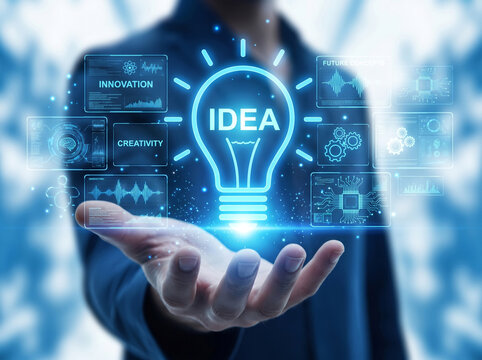 Businessman holding glowing idea light bulb digital hologram in modern office context for business innovation and technology concept