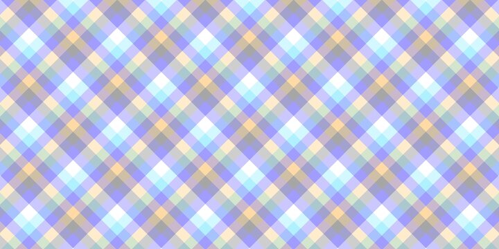 Aesthetic pastel plaid pattern. Diagonal tartan grid checks in soft purple, yellow, and blue for fabric, background, or paper design.