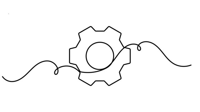 Mechanical cog gear wheel icon sign continuous one line drawing moving on white background minimalist single art financial automation science and service for industrial symbol animation video