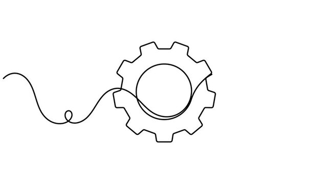 Mechanical cog gear wheel icon sign continuous one line drawing moving on white background minimalist single art financial automation science and service for industrial symbol animation video