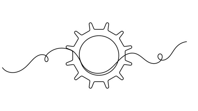 Mechanical cog gear wheel icon sign continuous one line drawing moving on white background minimalist single art financial automation science and service for industrial symbol animation video