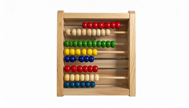 Classic wooden abacus with colorful beads on white background for math education and counting skills for children