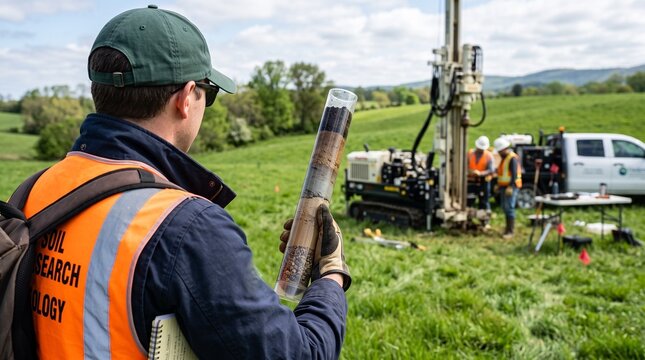 Geologist Holding Core Sample Tube with Hydraulic Drilling Rig in Blurred Grassy Field Background

