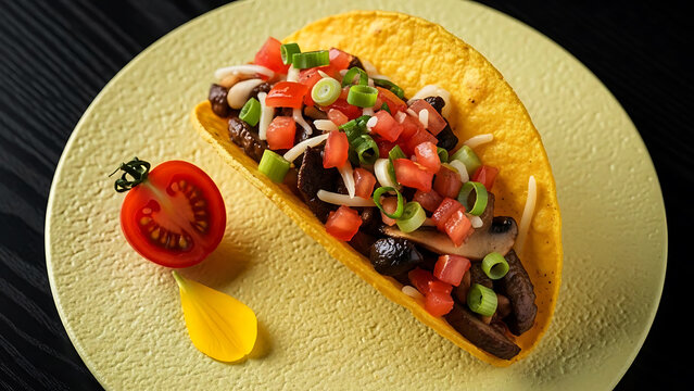 Taco on yellow plate with tomato and green onions