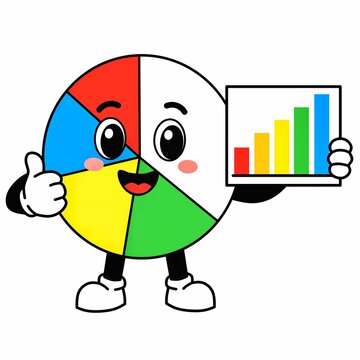 Cute pie chart character presenting business analytics and growth data with a colorful bar chart, isolated on white background
