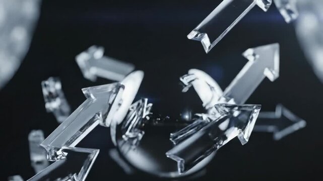 Abstract glass arrows moving in different directions symbolizing strategy goals and focus motion concept