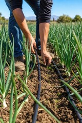 Fototapeta premium Farmers hands adjusting black drip irrigation system among fresh green onion crops in sunny agricultural field, modern farming technique