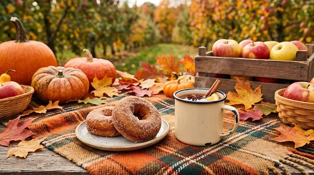Fresh cinnamon donuts and warm cider drink on a rustic table with pumpkins and autumn leaves background. Cider donut pairings