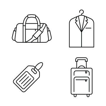 Set of travel icons featuring luggage bag suit carrier and bag tag in clean vector line art.