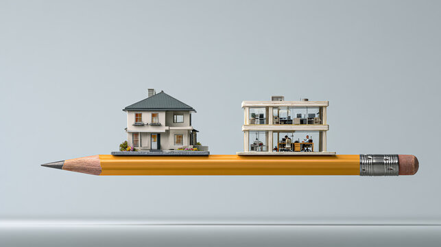 Work Life Balance Concept with Miniature House and Office Building Balanced on Yellow Pencil 3D Render