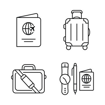 Minimalist line icons set of travel gear, luggage, and passports for journey and vacation.