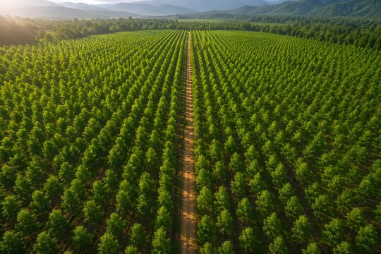 Aerial view of a neatly aligned commercial tree plantation and sustainable forestry with a dirt path in the morning sunlight