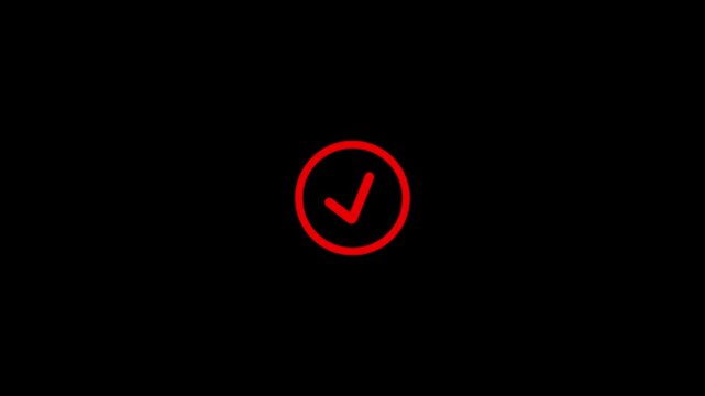 A vibrant red check mark symbol enclosed within a thin red circular outline centrally placed on a deep black background signifying an incorrect or rejected status. Keywords: check, mark, symbol