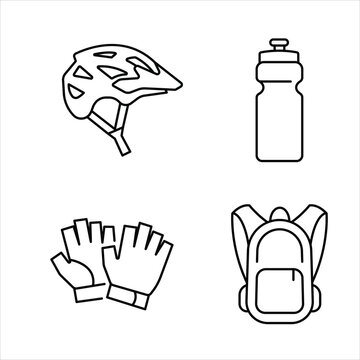 Set of cycling equipment line icons including helmet, bottle, gloves and backpack.