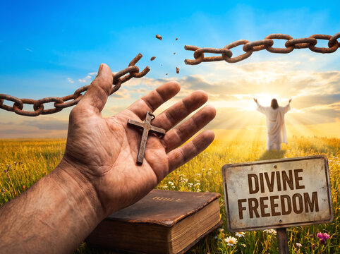 Hand Holding Cross and Broken Chain with Jesus and 'Divine Freedom' Sign in Golden Field at Sunset, Representing Spiritual Liberation