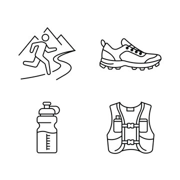 Trail running linear icons showing runner, footwear, and water bottle.