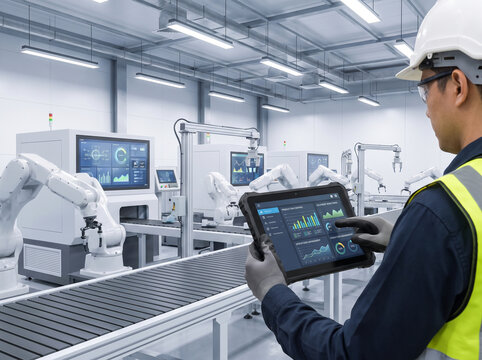 Asian Engineer Using Digital Tablet to Monitor Robotic Arms in Smart Factory for Industrial Automation and Industry 4.0