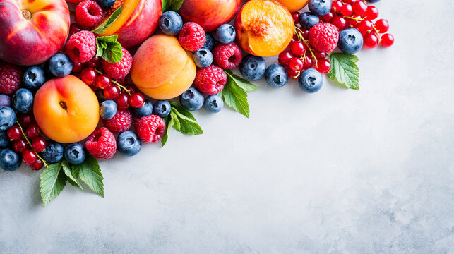 A vibrant assortment of fresh summer fruits including peaches, apricots, raspberries, blueberries, and red currants arranged on a light surface with green leaves.