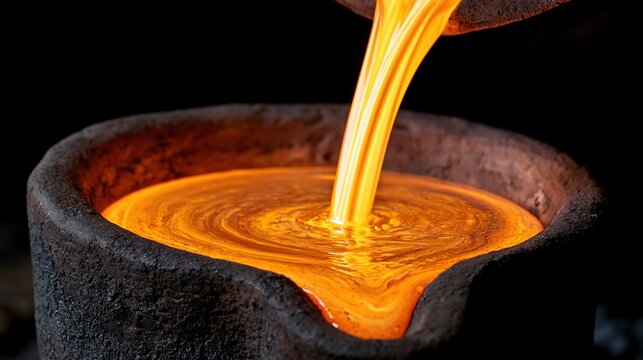 Molten metal pouring into a crucible, glowing orange with intense heat and industrial process