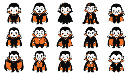 Obraz premium Set of cute cartoon vampire characters for halloween celebration featuring various expressions and poses in flat vector style