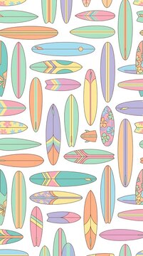 Seamless pattern with colorful pastel surfboards on white background