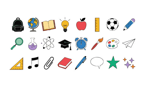 School Supplies Doodle Icons.