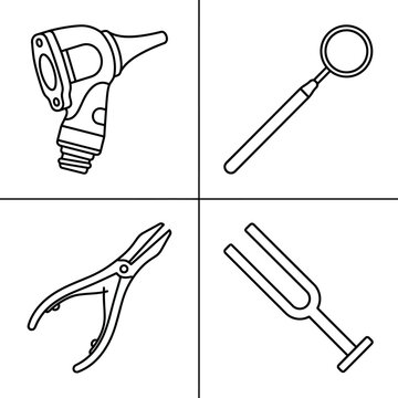 Medical Instruments: Otoscope, Dental Mirror, Forceps, Tuning Fork - Line Art