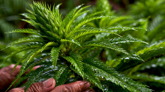 Human hands gently holding lush green plant leaves with water droplets